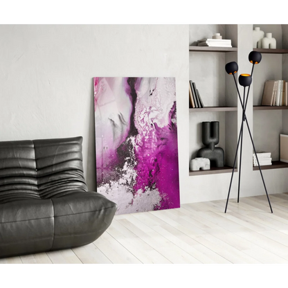 Vibrant swirling magenta glass wall art with glossy abstract gradients