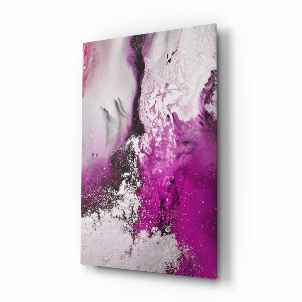 Swirling magenta glass wall art with glossy abstract design