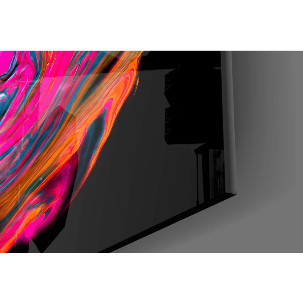 Vibrant swirling neon glass wall art on black canvas, sleek TV display