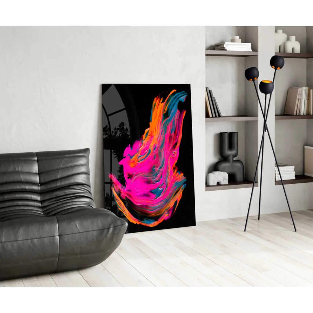 Vibrant swirling neon pink orange blue glass wall art on black canvas