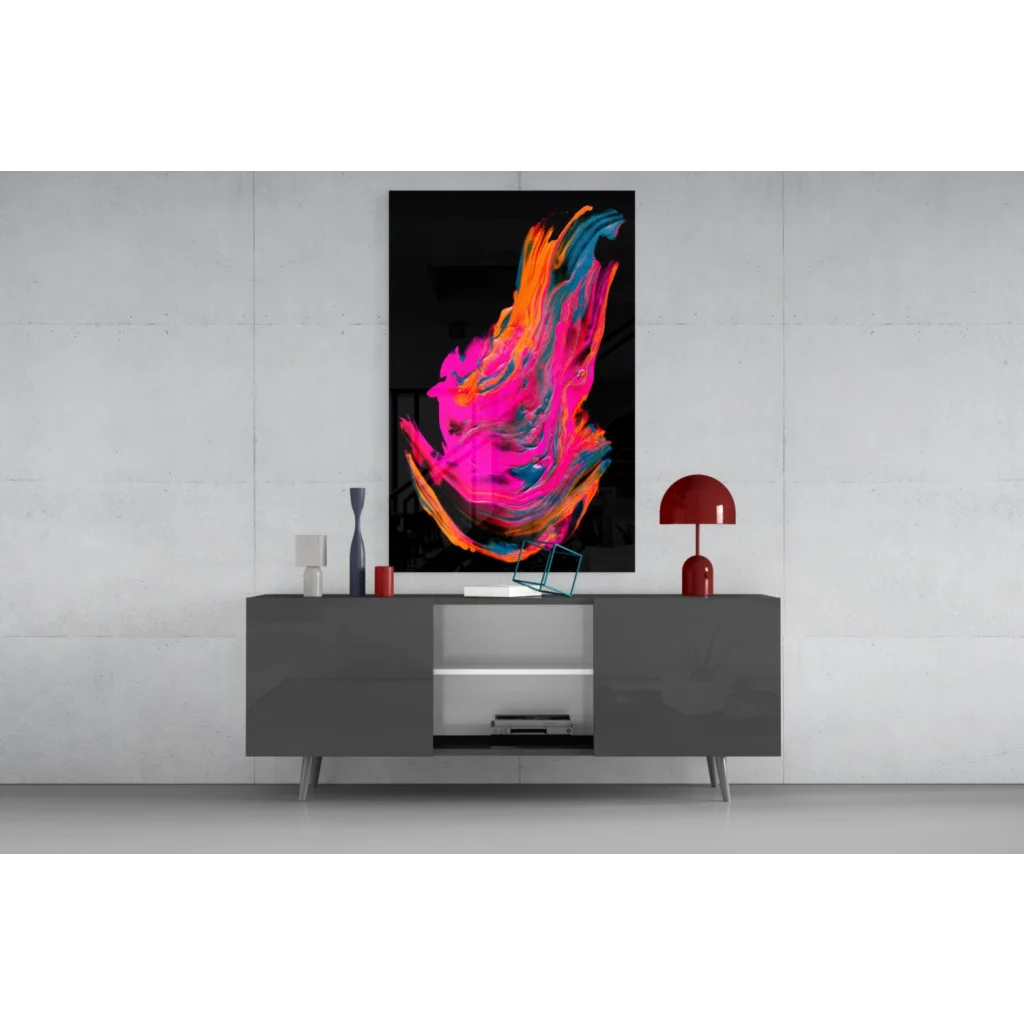 Vibrant swirling neon glass wall art on black canvas with pink, orange, blue hues