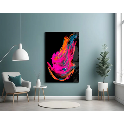 Vibrant swirling neon glass wall art on black canvas with pink orange blue hues