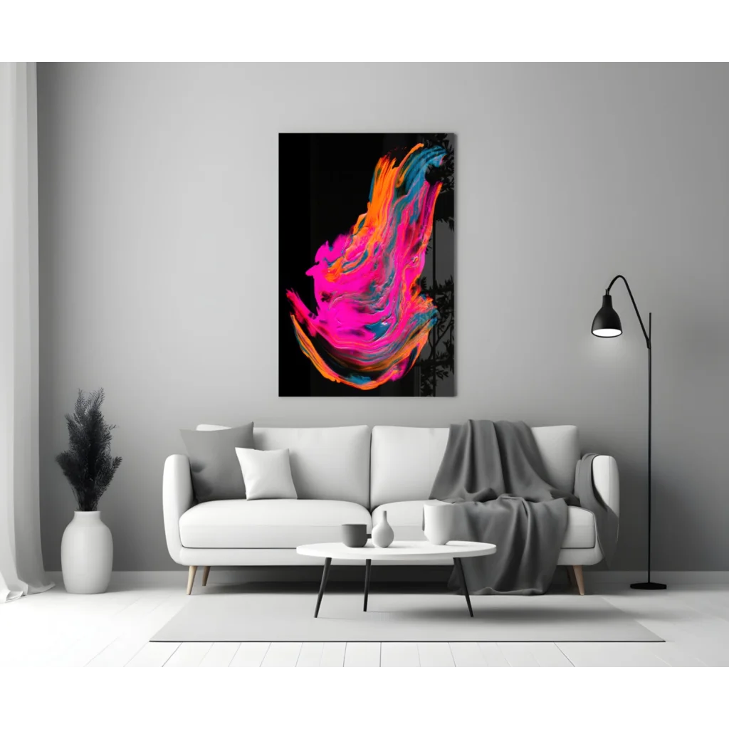 Vibrant swirling neon glass wall art on black canvas with pink, orange, blue hues