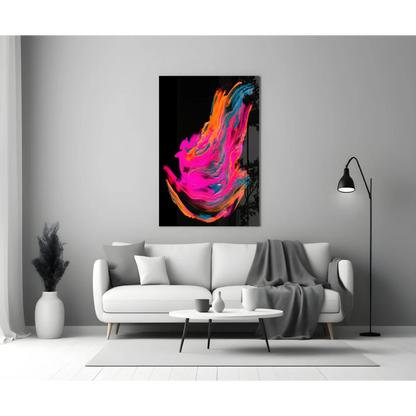 Vibrant swirling neon glass wall art on black canvas with pink, orange, blue hues