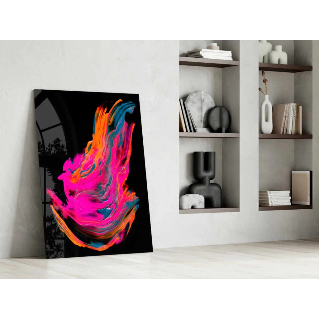 Vibrant swirling neon glass wall art on black canvas with pink, orange, blue hues