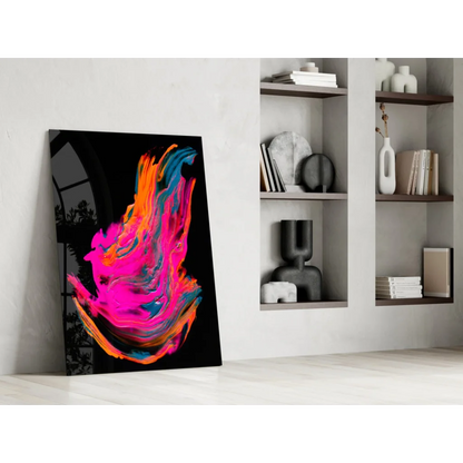 Vibrant swirling neon glass wall art on black canvas with pink, orange, blue hues