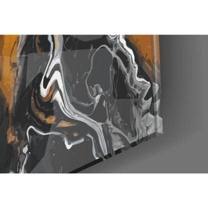Abstract swirling black white orange glass wall art energy explosion