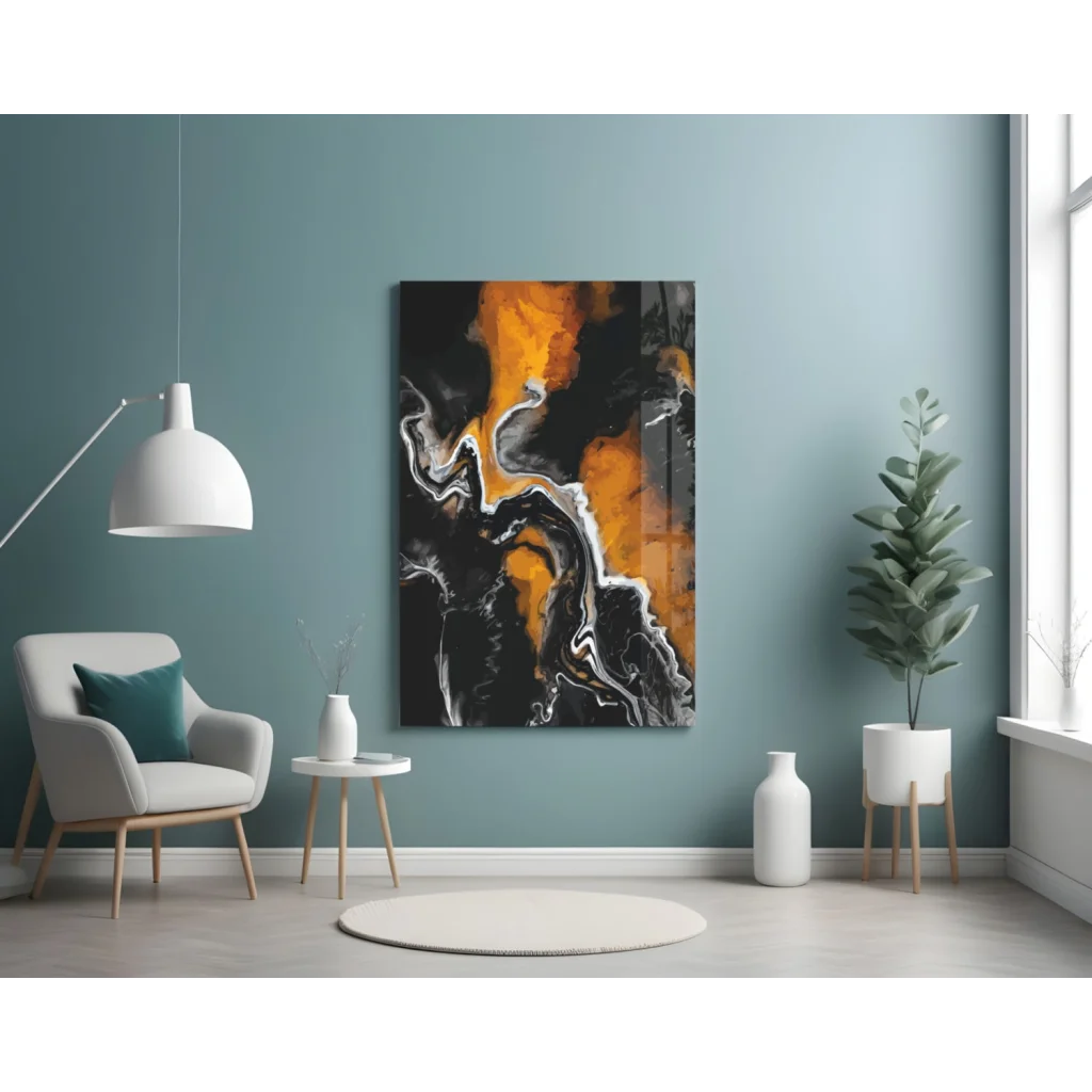 Swirling Orange Black White Glass Wall Art Energy Explosion | Contemporary Home Wall Art | vintageantiquesgifts.com