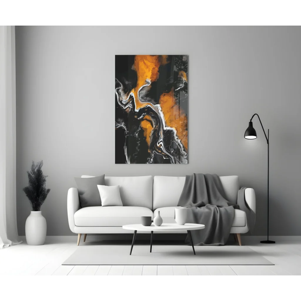 Swirling Orange Black White Glass Wall Art Energy Explosion | Modern Wall Art Decor | vintageantiquesgifts.com