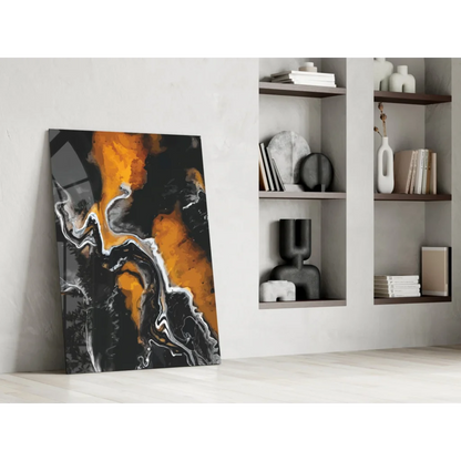 Bold swirling orange black white glass wall art energy explosion