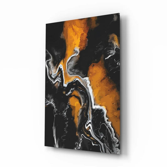 Swirling Orange Black White Glass Wall Art Energy Explosion | Insigneart USA | vintageantiquesgifts.com