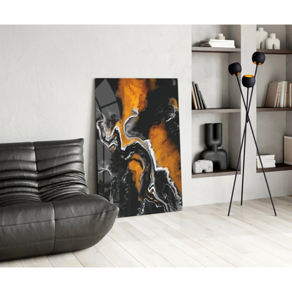 Swirling orange black white glass wall art energy explosion painting
