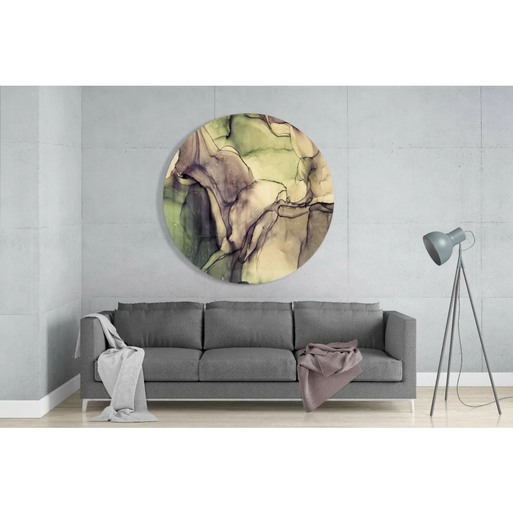 Swirling organic tempered glass art in muted greens and purples on wall