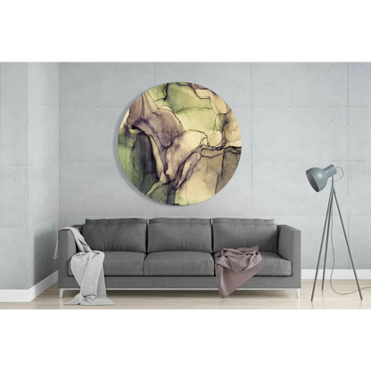 Swirling organic tempered glass art in muted greens and purples on wall