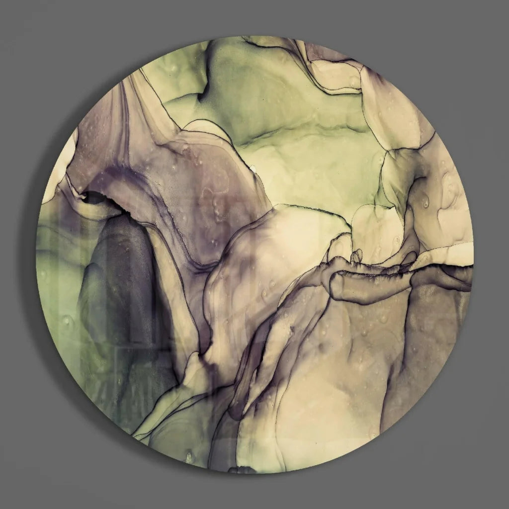 Swirling organic tempered glass art in muted greens and purples