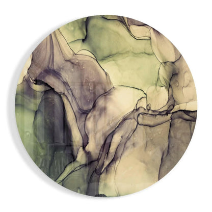 Swirling organic tempered glass art in muted greens, beiges, purples