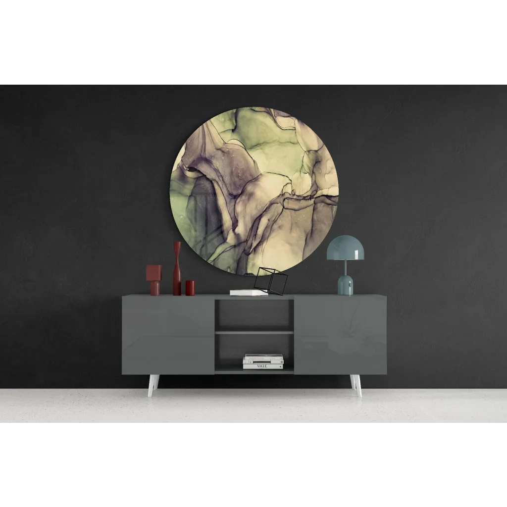 Swirling organic tempered glass art in muted greens and purples