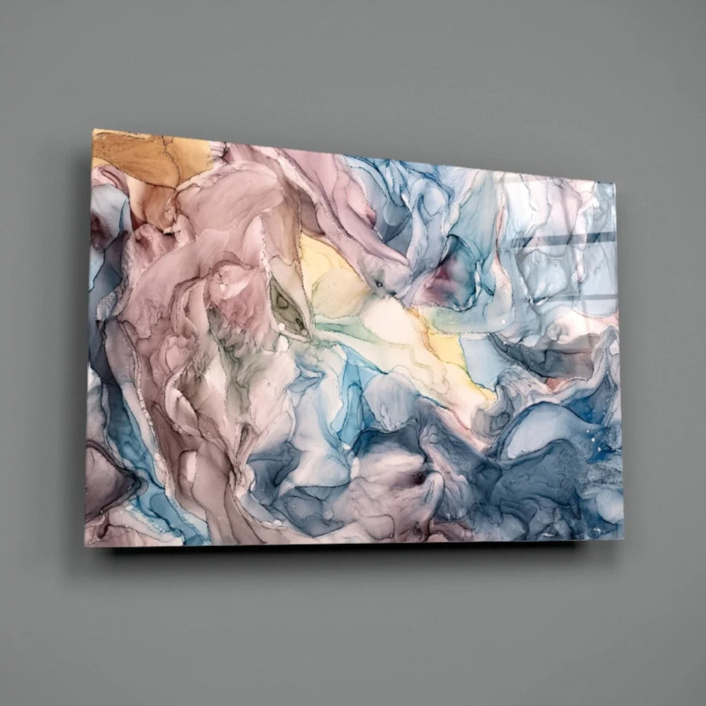 Swirling pastel abstract canvas wall art in pink, blue, gold glossy finish