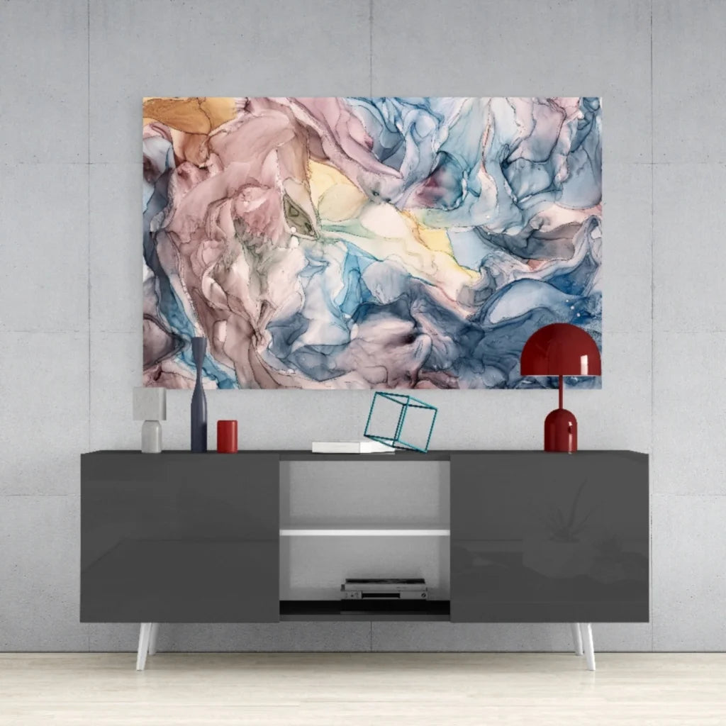 Swirling pastel abstract canvas wall art in pink, blue, gold