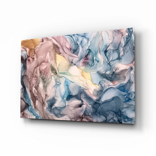 Swirling pastel abstract canvas wall art in pink, blue, gold