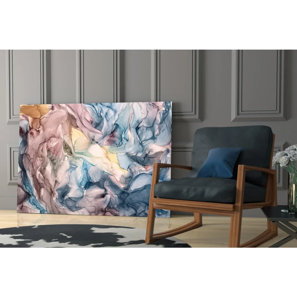 Swirling pastel abstract canvas wall art in pink, blue, gold