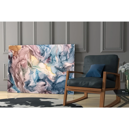 Swirling pastel abstract canvas wall art in pink, blue, gold