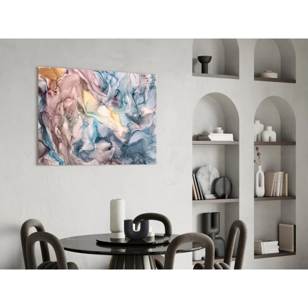 Vibrant swirling pastel abstract wall art in pink blue gold