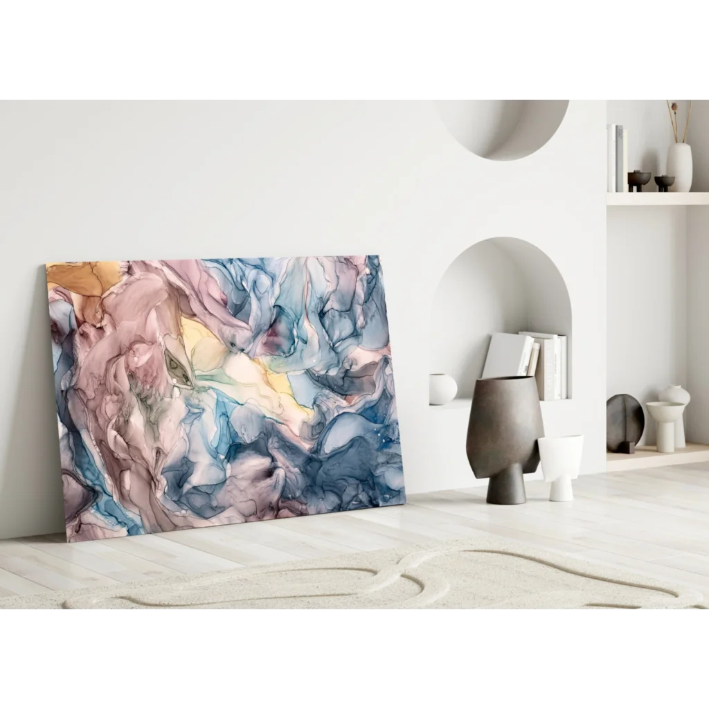 Vibrant swirling pastel abstract canvas wall art in pink blue gold