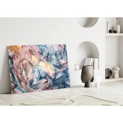 Vibrant swirling pastel abstract canvas wall art in pink blue gold