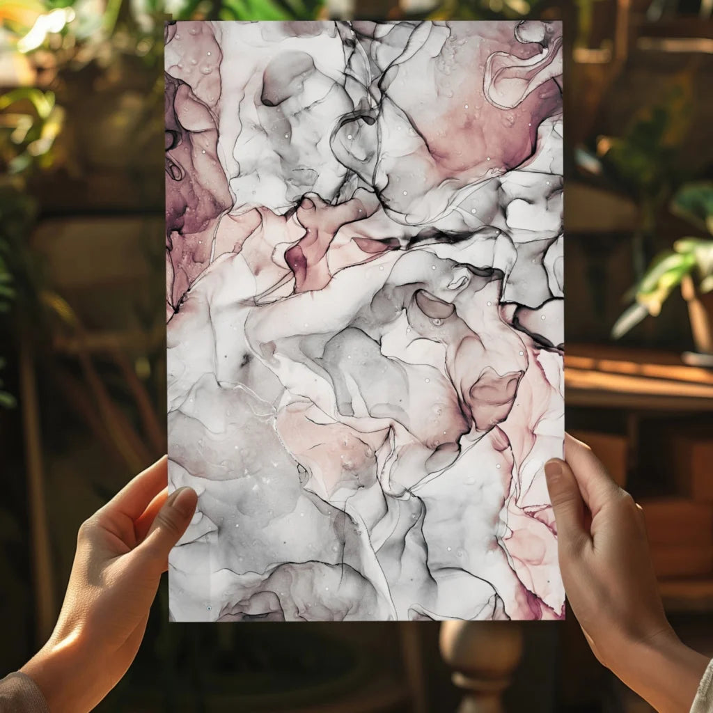 Swirling pink marble canvas art print with muted gray white patterns