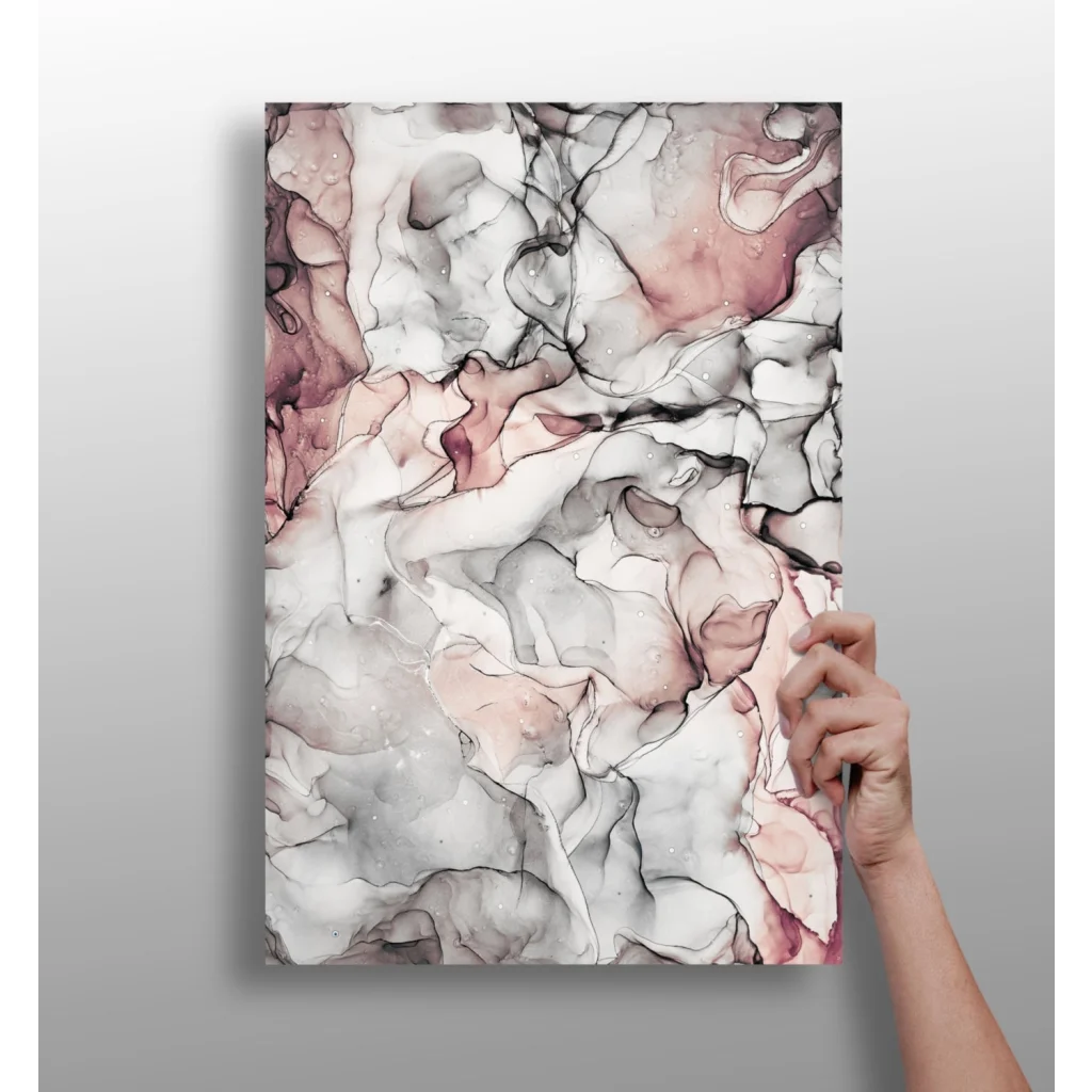 Abstract swirling pink marble canvas art in soft pink, white, black for modern homes