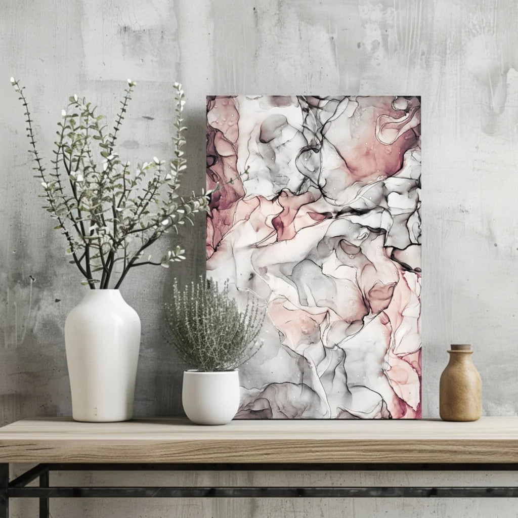 Swirling pink marble canvas art in soft pink, white, gray hues for modern homes