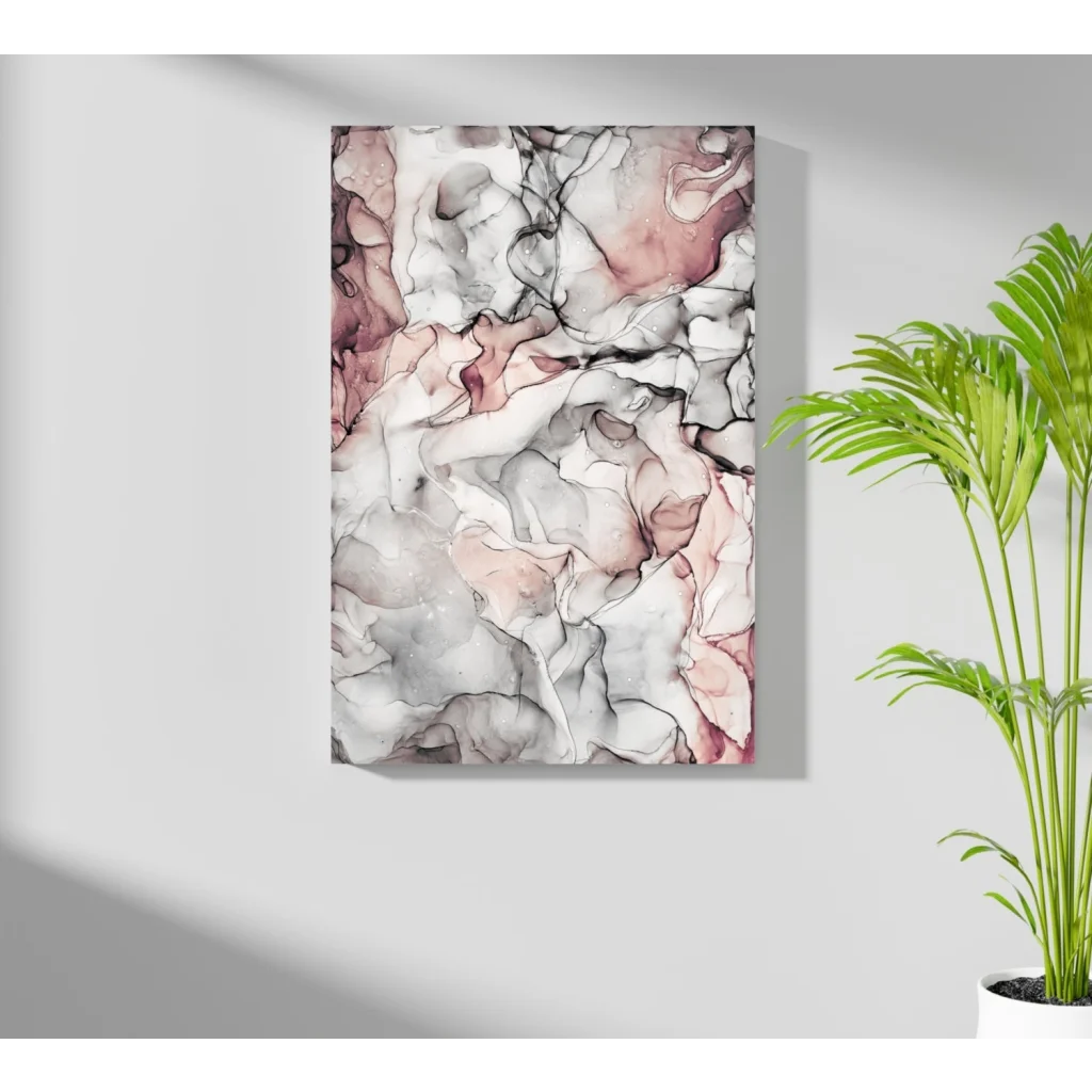 Swirling pink marble canvas art with soft gray and white swirls for modern homes