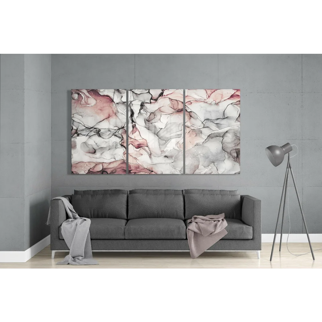 Swirling pink marble wall art canvas set of three abstract panels