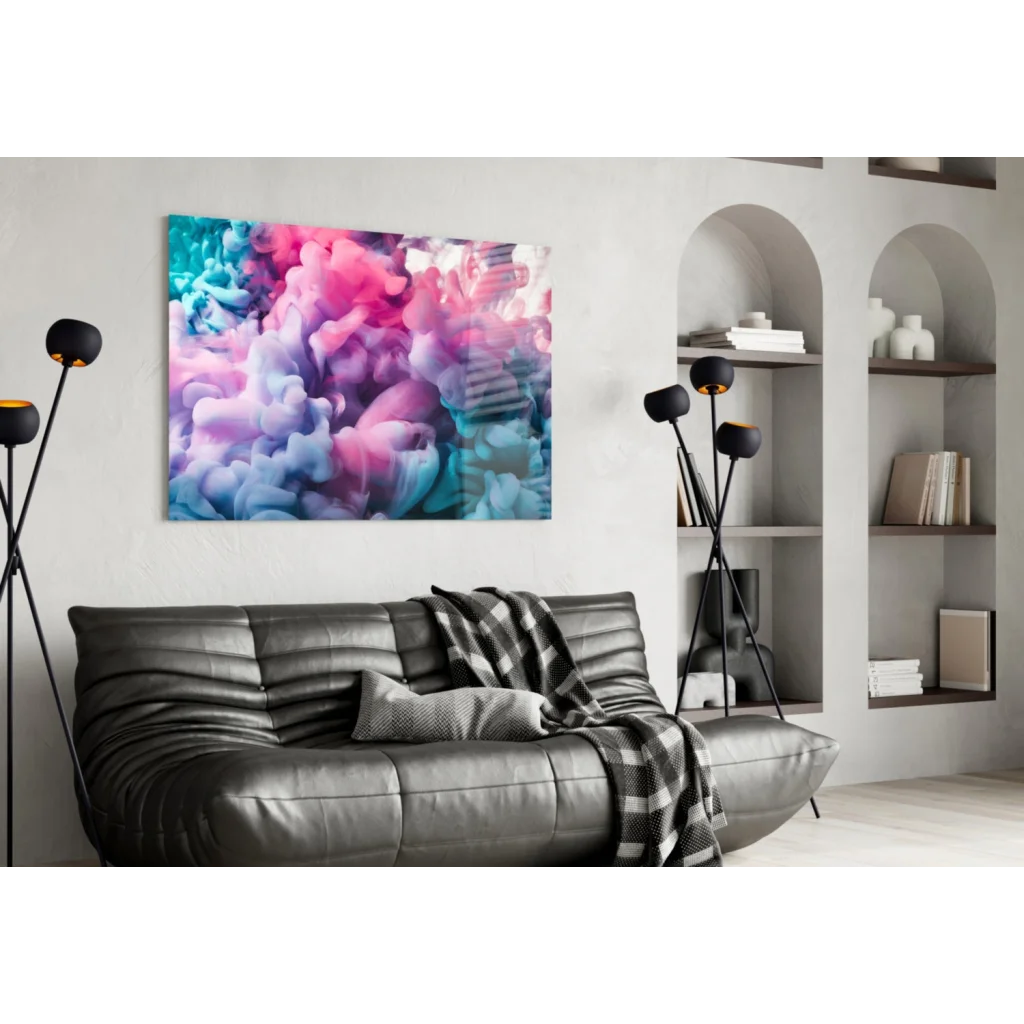 Vibrant swirling pink purple teal glass wall art canvas print on wall