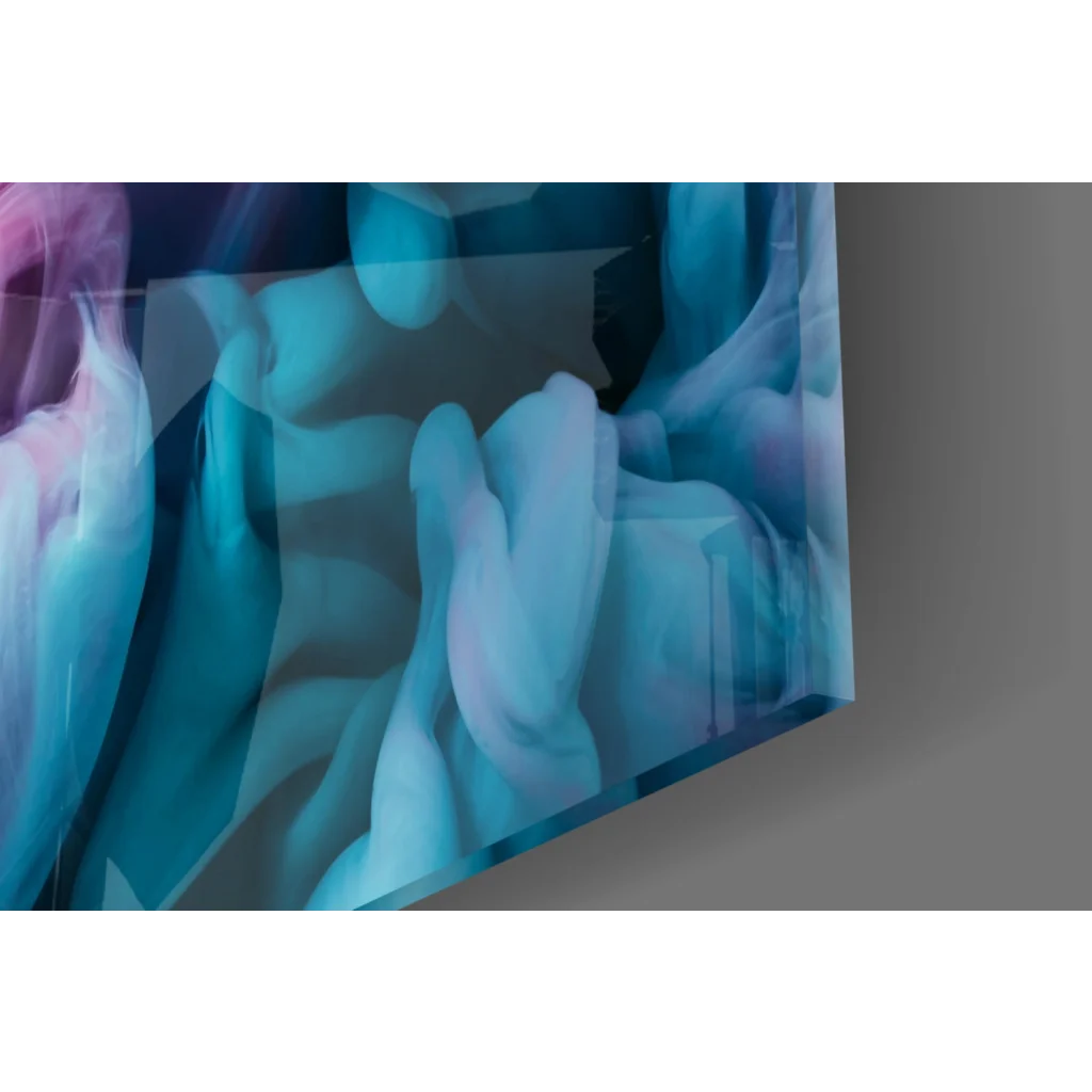 Sleek abstract swirl glass wall art in teal and lavender hues