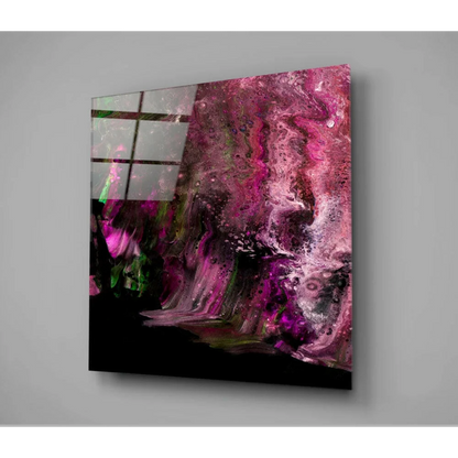 Vibrant swirling pink purple green glass wall art with metallic shine