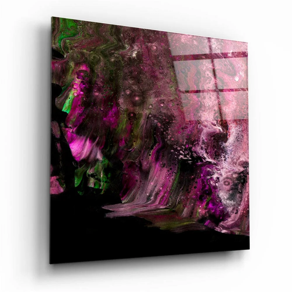 Vibrant swirling magenta green black glass wall art with metallic shine