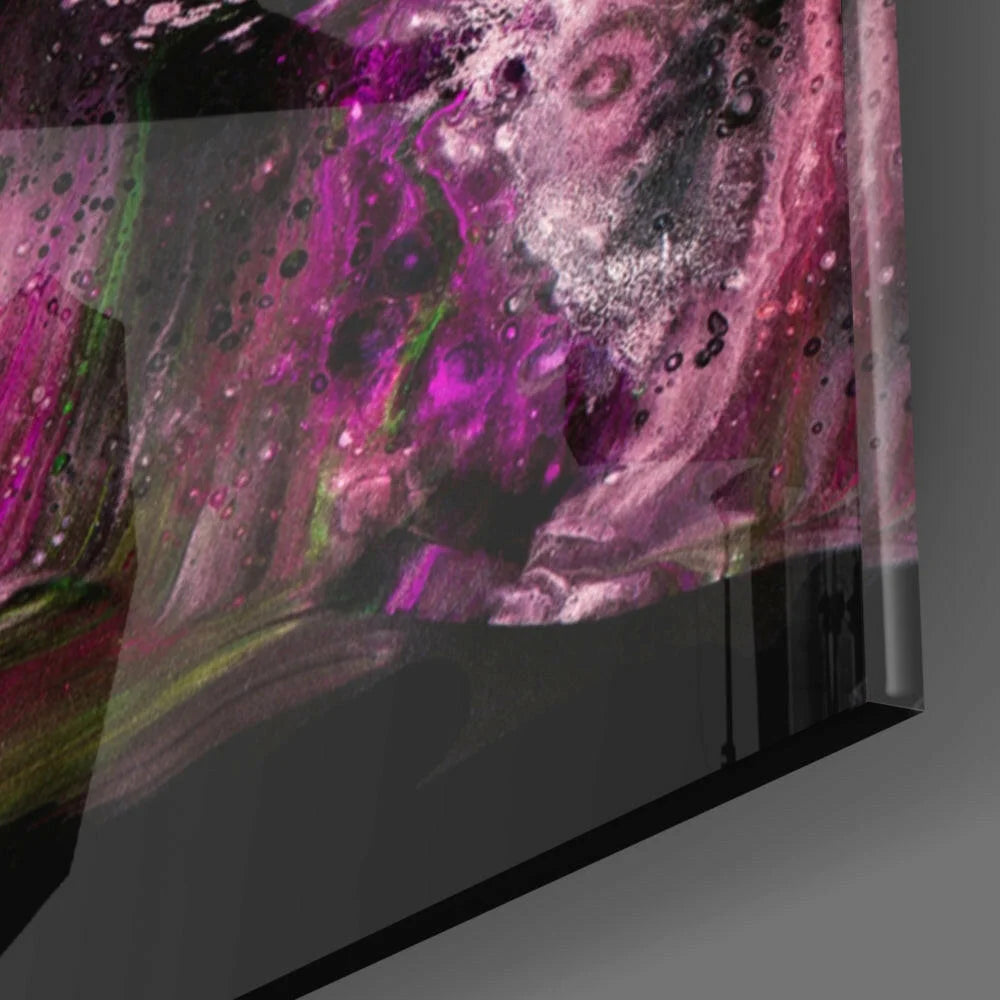 Vibrant swirling purple pink green glass wall art with metallic shine