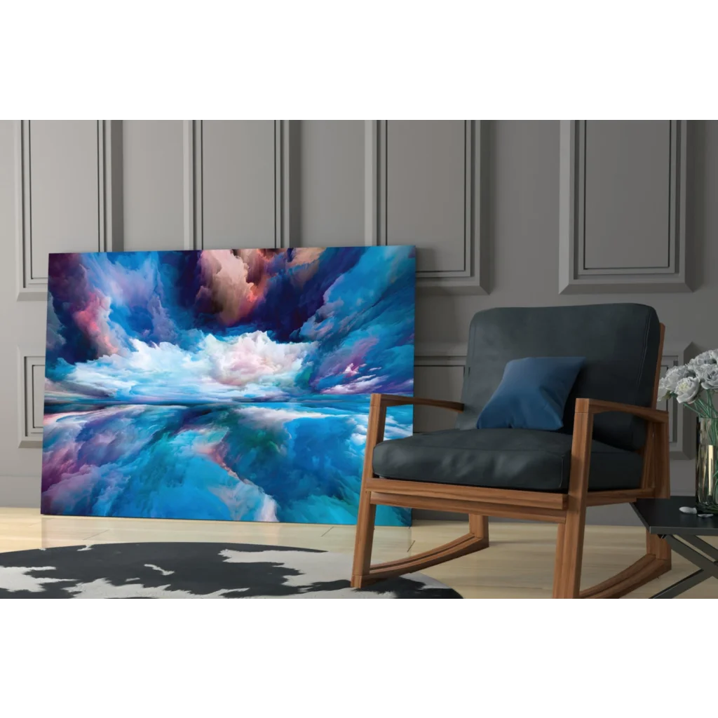 Vibrant swirling sky glass wall art in blues and purples