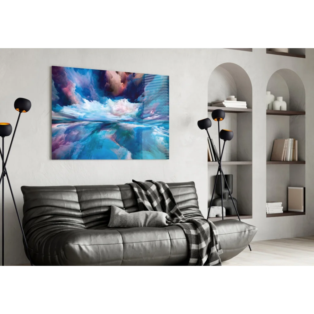 Vibrant swirling blues and purples glass wall art on reflective canvas
