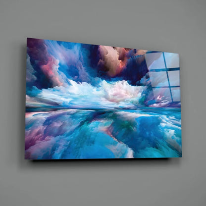 Vibrant swirling sky glass wall art in vivid blues and purples