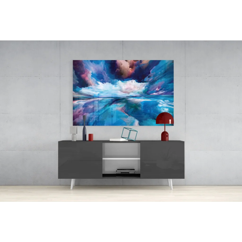 Vibrant swirling sky glass wall art in blues, purples, and pinks