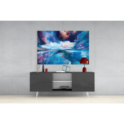 Vibrant swirling sky glass wall art in blues, purples, and pinks