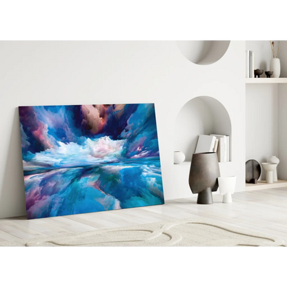 Vibrant swirling sky glass wall art in vivid blues, purples, and pinks