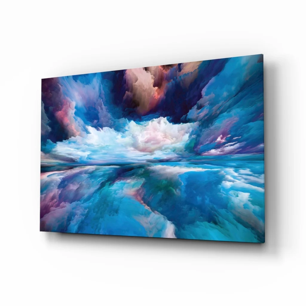 Vibrant swirling sky glass wall art in blues, purples, and pinks