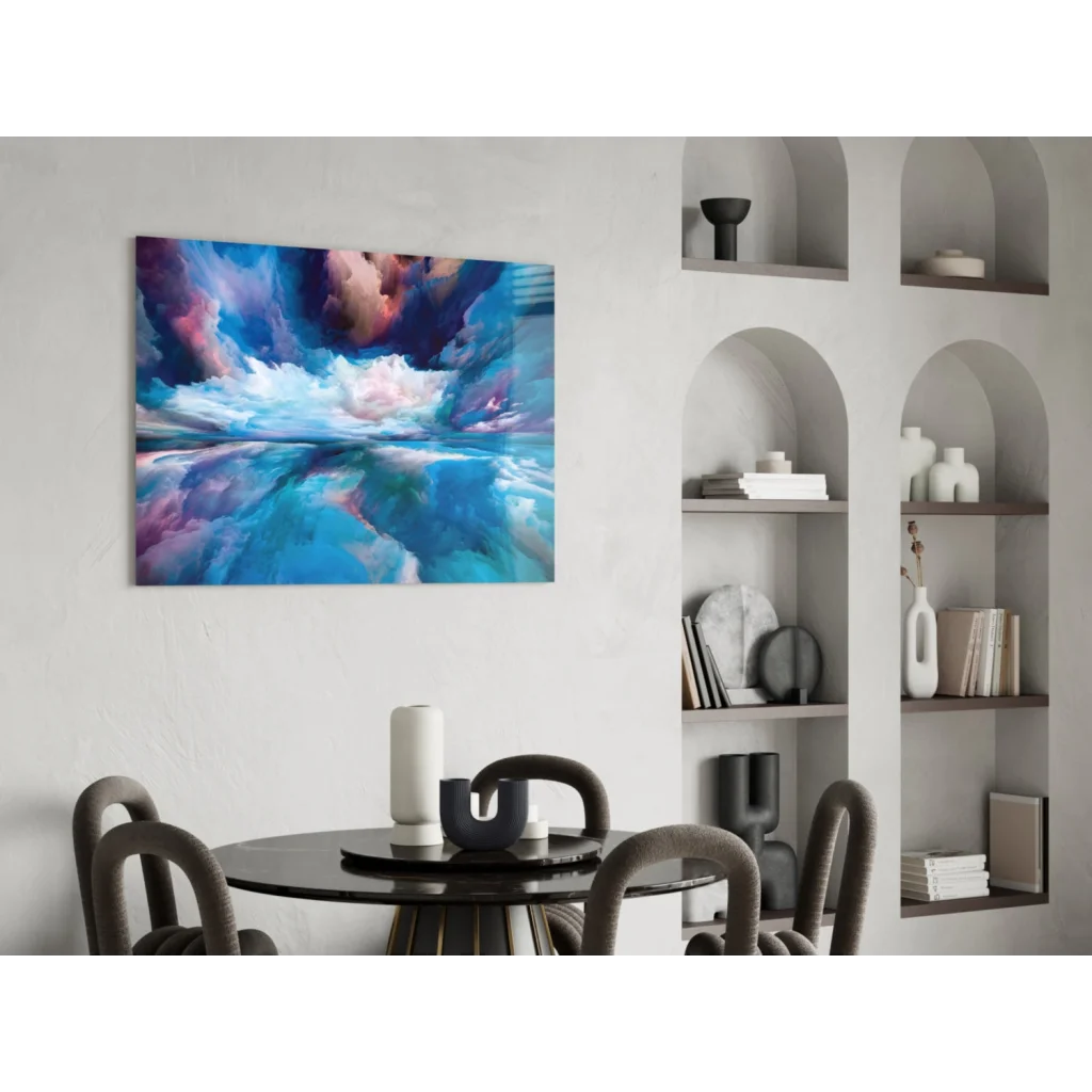 Vibrant swirling sky glass wall art in blues and purples on white wall