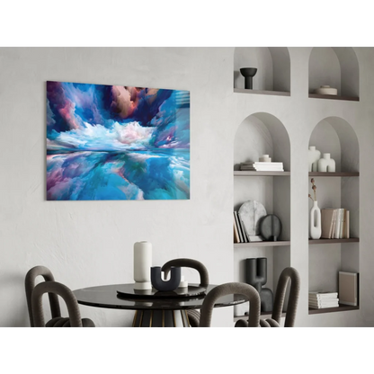 Vibrant swirling sky glass wall art in blues and purples on white wall