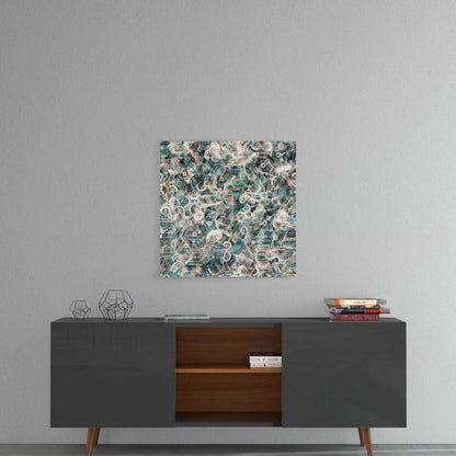 Swirling teal abstract glass wall art canvas with white gray patterns