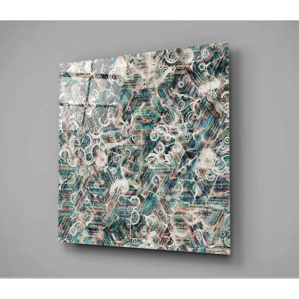 Swirling teal abstract glass wall art with pink and white motifs